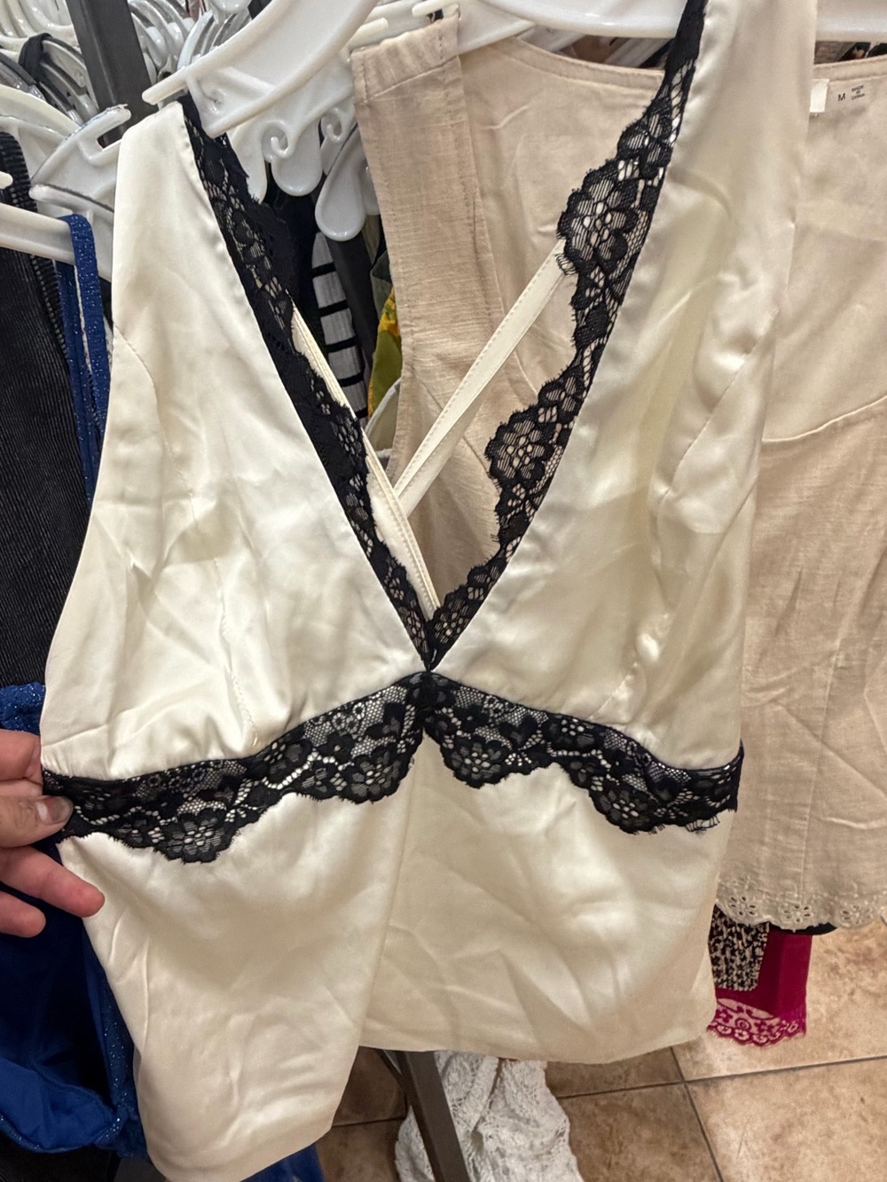 Women's Cream Satin Lace-Trim going out top